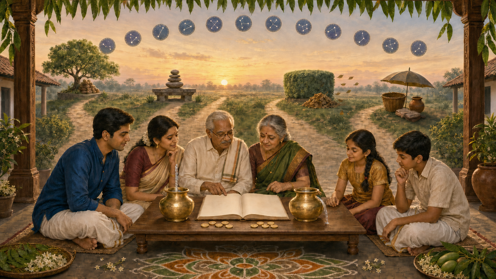 A South Indian family reviews a blank household ledger between two brass vessels in an Ugadi-decorated courtyard, with four paths and twelve faint celestial medallions in the background.