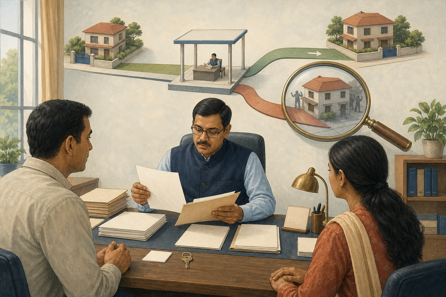 A property seller and buyer sit before a civil officer reviewing blank documents, with a transparent checkpoint metaphor behind the desk.