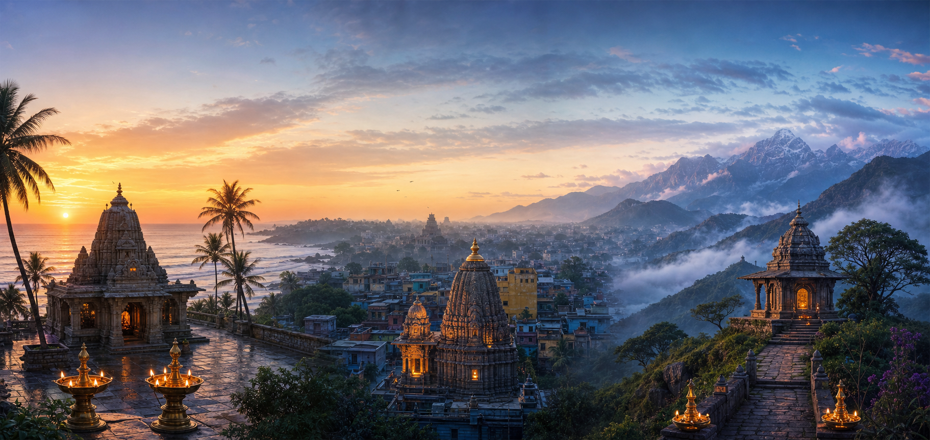 Coastal, urban, and mountain temple settings receive early-morning sunlight at different angles beneath a continuous sky.