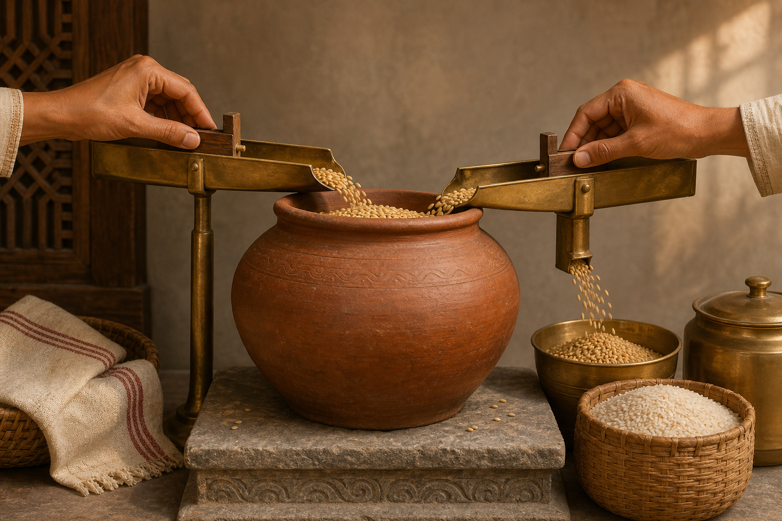 Two hands adjust matching channels that carry grain into and out of a central household storage jar.