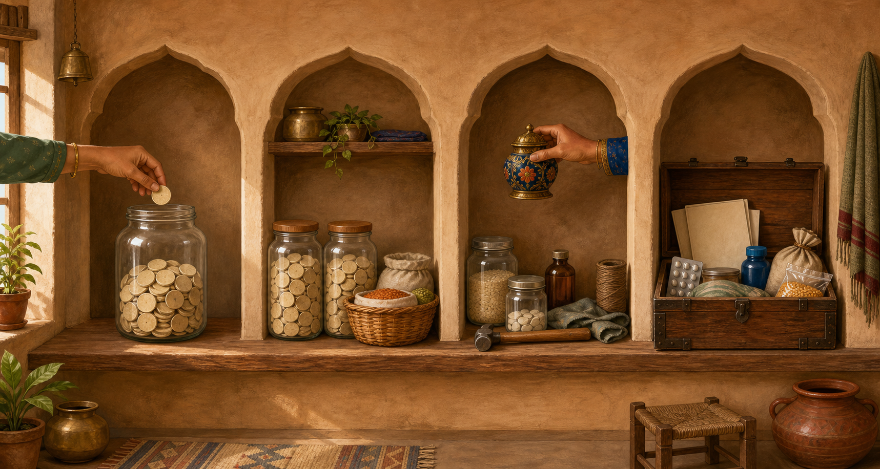 Four connected household alcoves show a reserve jar being filled, stable provisions, a luxury item being removed, and essentials secured in a wooden chest.