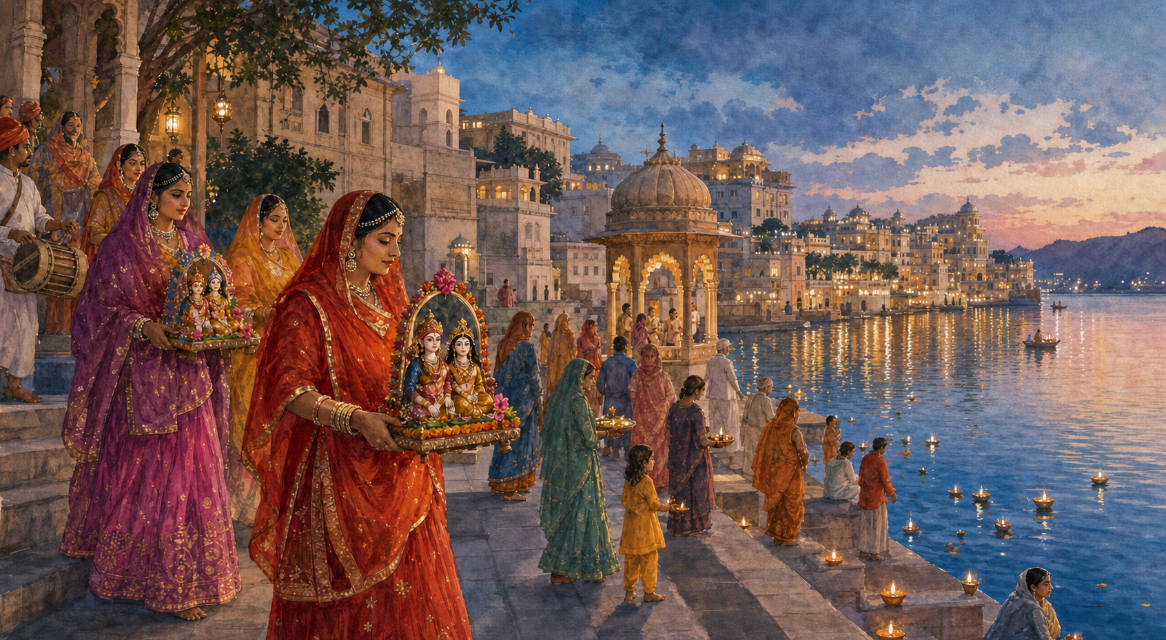 Women carrying decorated representations of Gauri and Isar lead a Gangaur procession down a historic Udaipur ghat beside Lake Pichola at dusk.