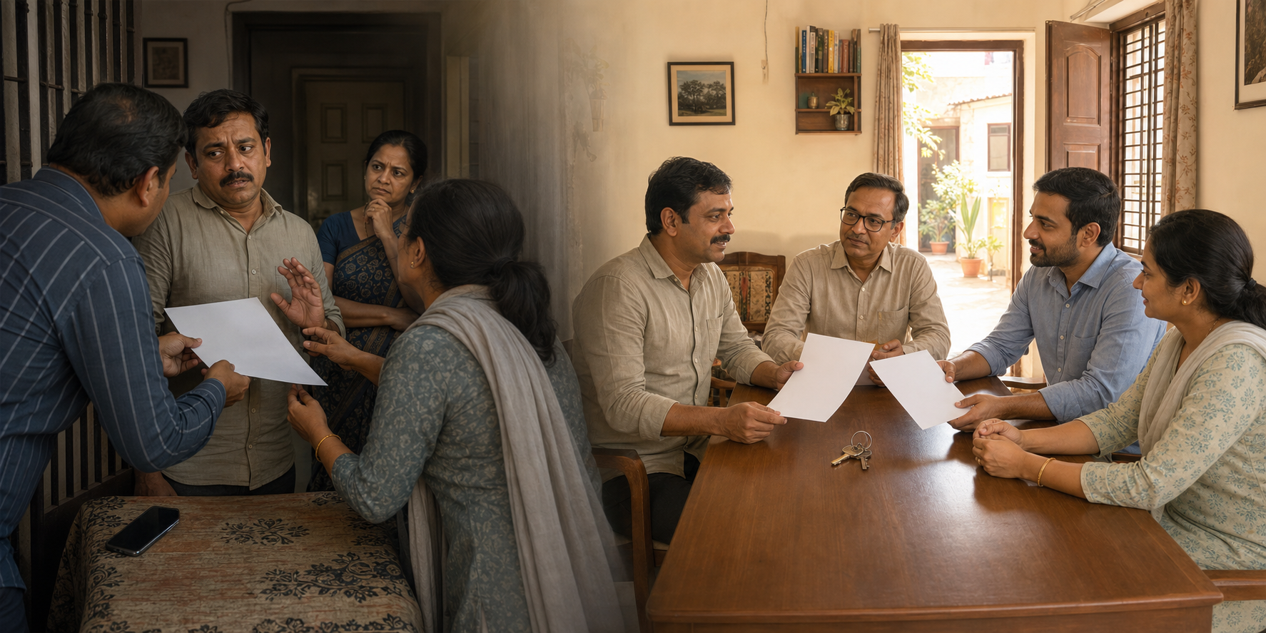 Two contrasting home-sale scenes show a pressured homeowner at a dark doorway and a voluntary key exchange at a sunlit table.