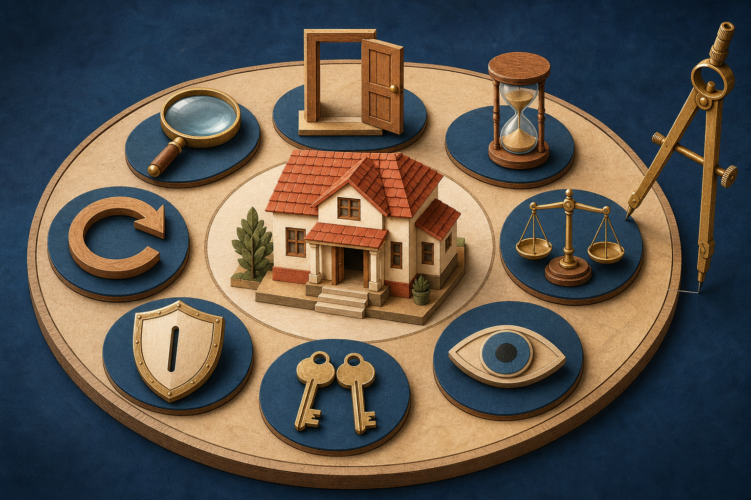 Eight symbolic safeguards, including a magnifying glass, hourglass, scales, keys, shield, and review lens, surround a model home on a legal workbench.