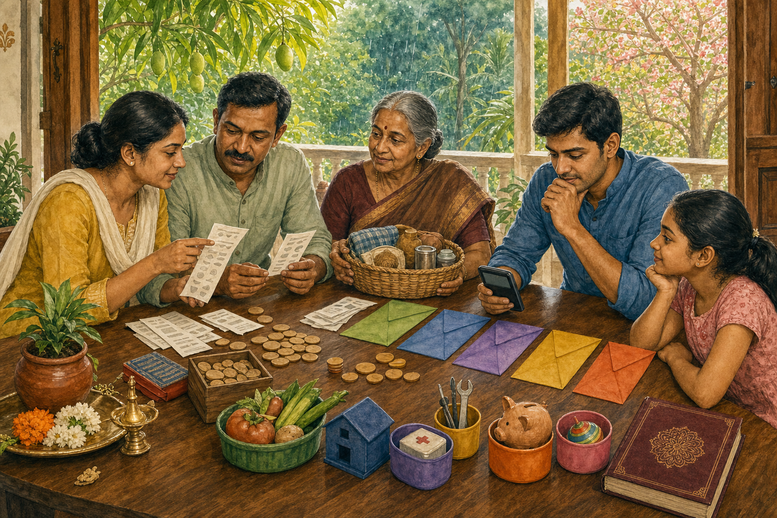 A multigenerational Indian family sorts blank receipts, unmarked tokens, envelopes, and household supplies at a table while a closed almanac rests to one side.