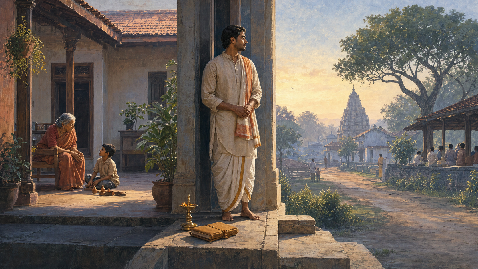 An Indian adult pauses on a stone threshold between a family courtyard and an open road, beside a brass lamp and a wrapped palm-leaf manuscript.