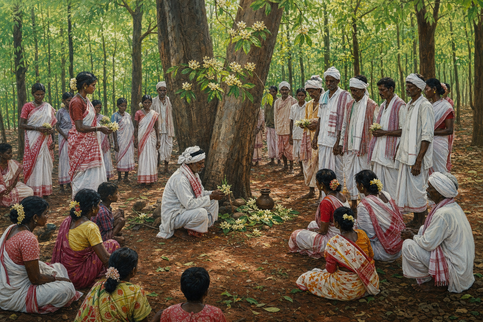 Adivasi community members gather around a ritual specialist with sal blossoms in a sacred grove during Sarhul.