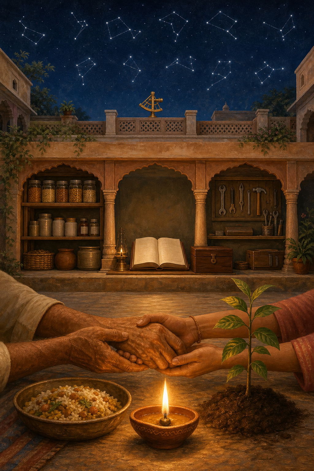 A glowing lamp, caring hands, shared food, and a sapling form the base beneath household provisions and records, while faint constellations appear in the sky above.