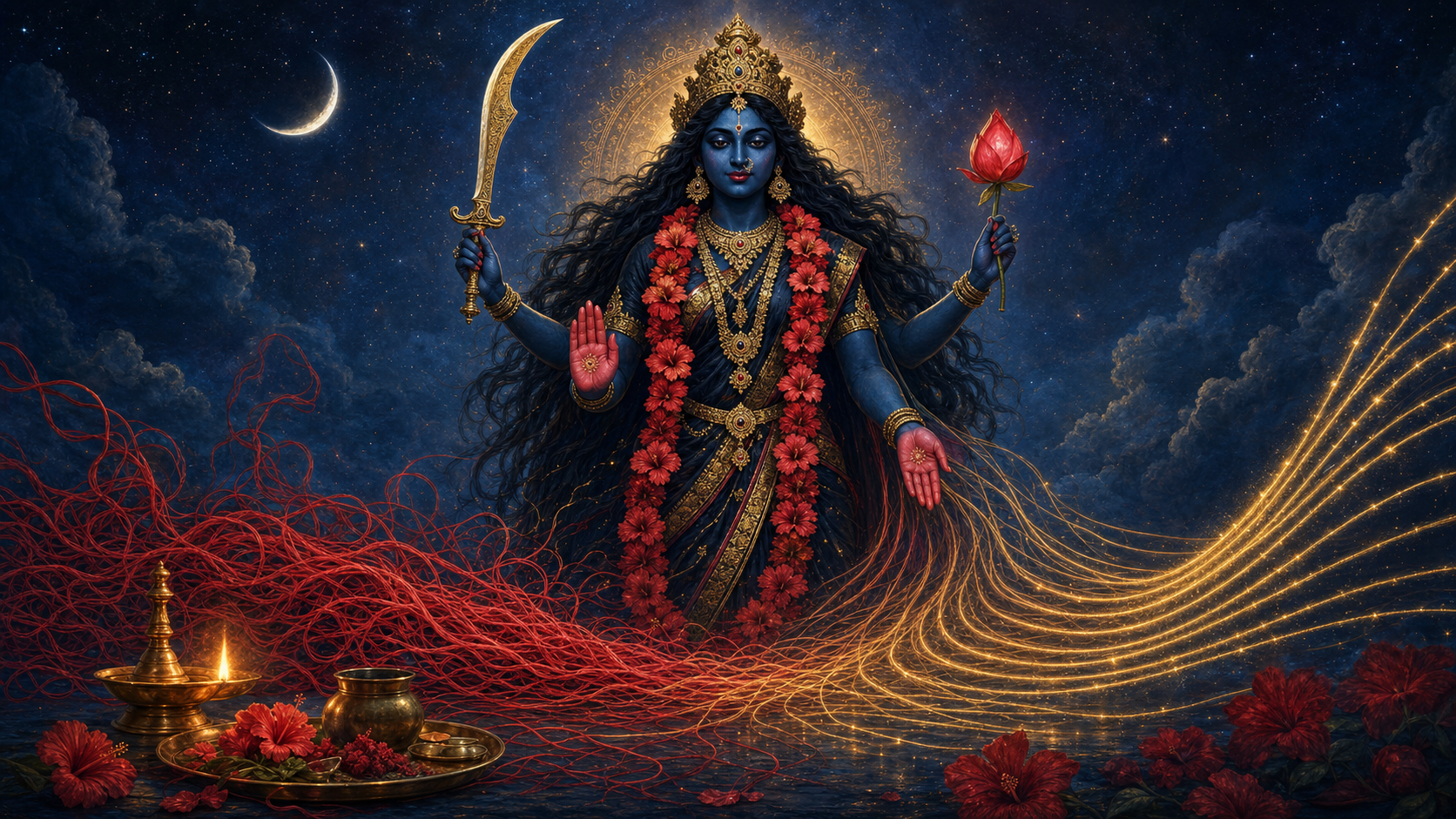 A four-armed, blue-black Divine Mother holds a curved sword and red lotus while blessing a lamp-lit household offering, with tangled red threads changing into golden light around her.