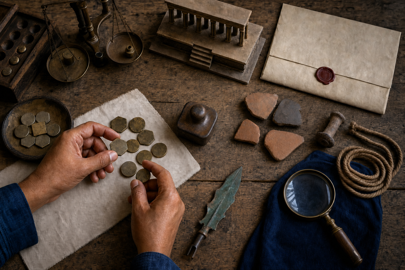 Hands examine coins, weights, pottery, a seal, measuring cord, metalwork, a court model, and a closed document on a wooden research table.