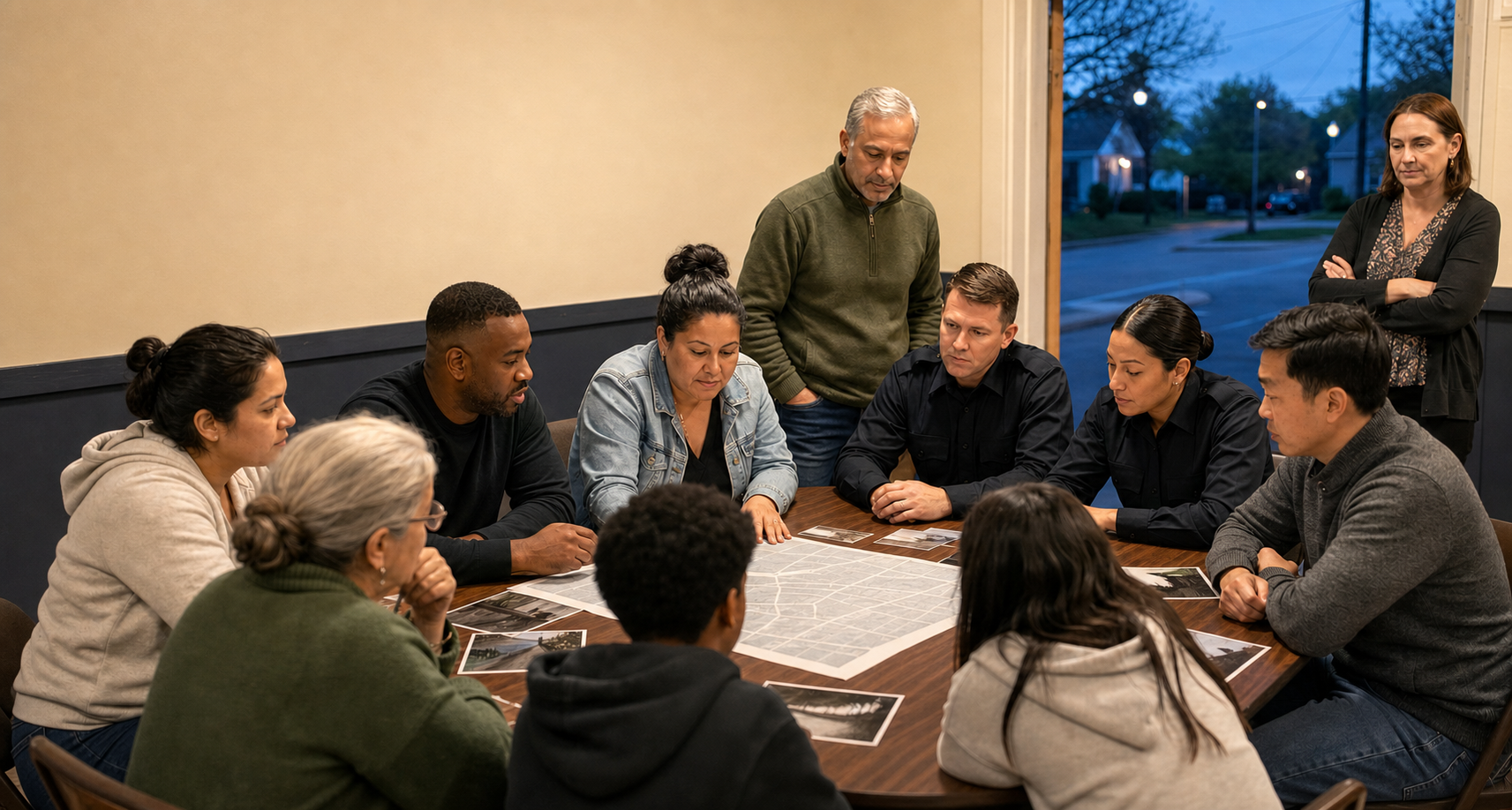 Residents, community advocates, police officers, and a civilian observer gather around a table with an unlabeled neighbourhood map in a community hall.
