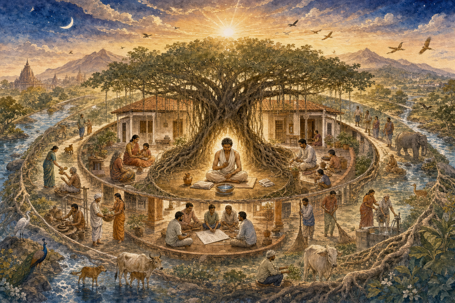 A seated figure beneath a banyan tree is surrounded by five concentric scenes of personal, family, community, ecological, and cosmic responsibility.