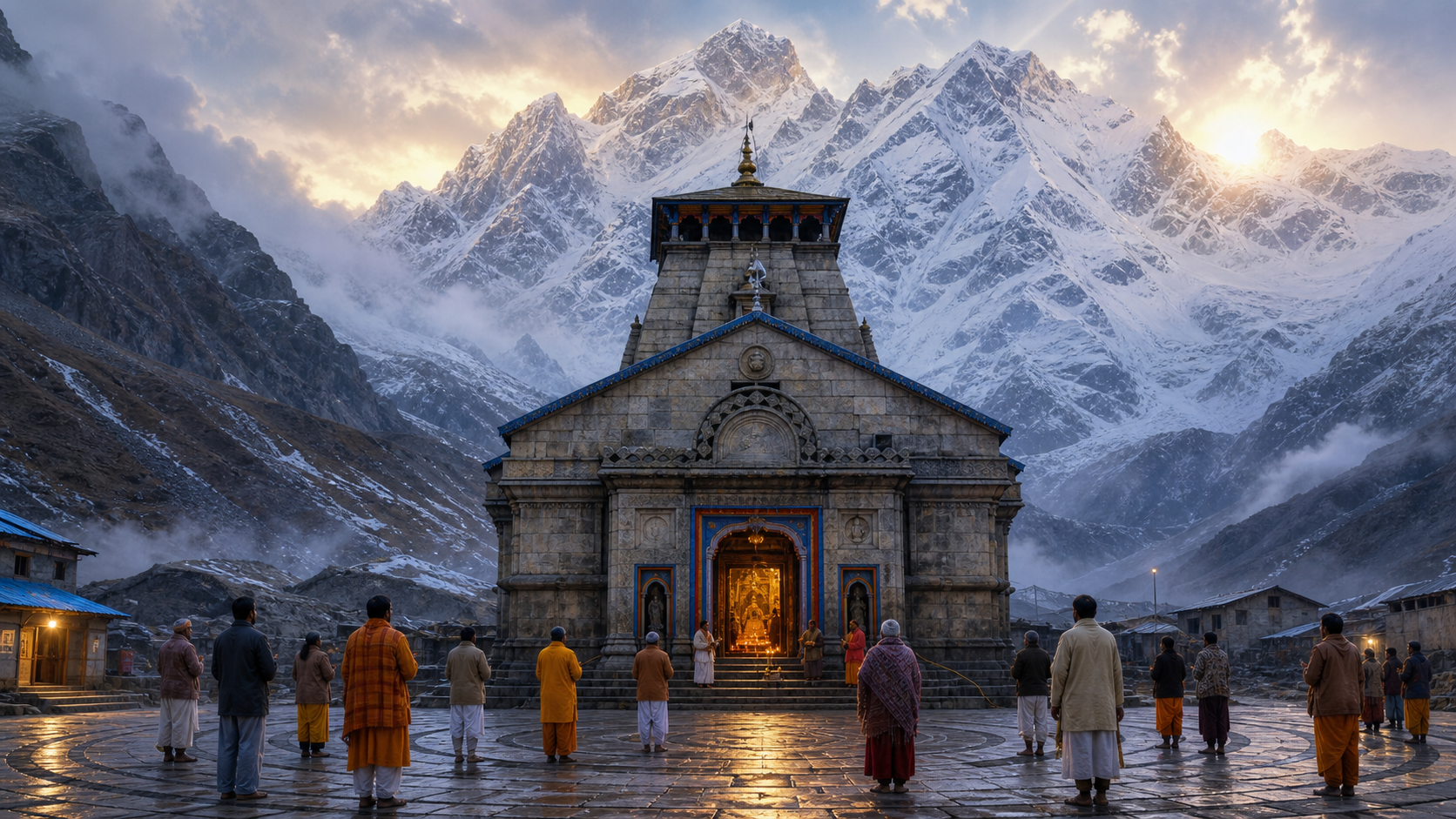 Editorial illustration of Kedarnath Temple at dawn, surrounded by snowy Himalayan peaks, with pilgrims and temple custodians gathered in the courtyard.