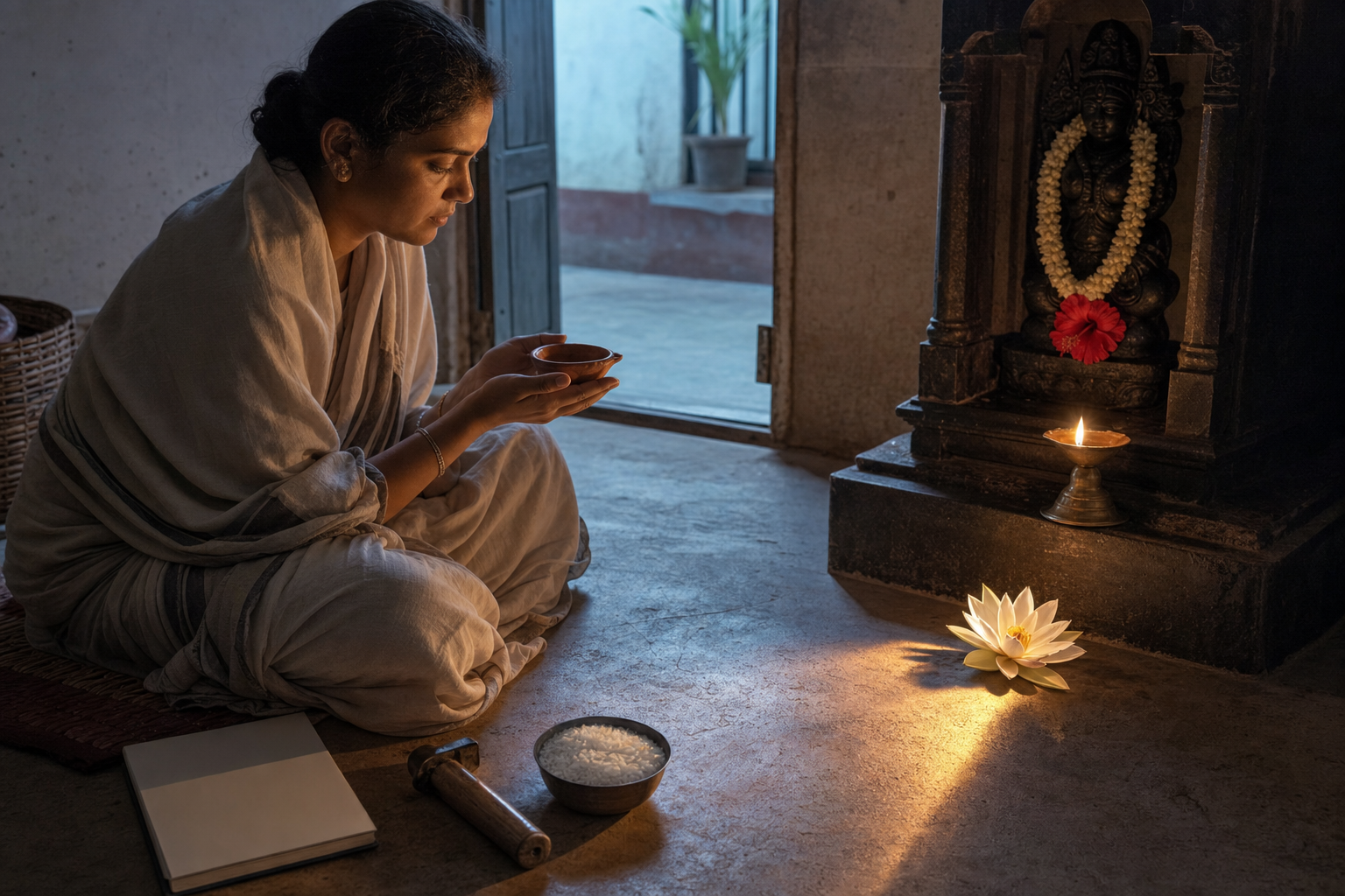 A seated devotee holds an unlit clay lamp before a small home shrine, with a blank notebook, rice bowl, and household tool placed nearby.