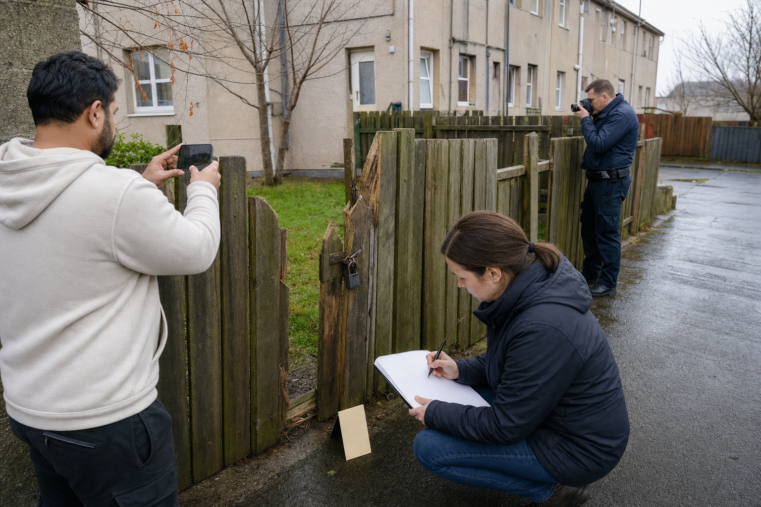 A resident, community safety volunteer, and police liaison document a damaged fence and broken padlock in a residential courtyard.