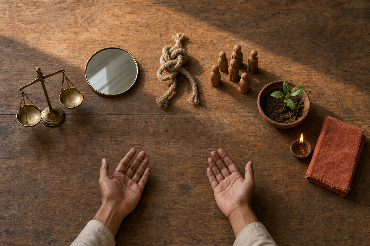 Open hands rest before six objects on a wooden table: a balance scale, mirror, knotted cord, clay figures, seedling, and oil lamp beside a wrapped book.