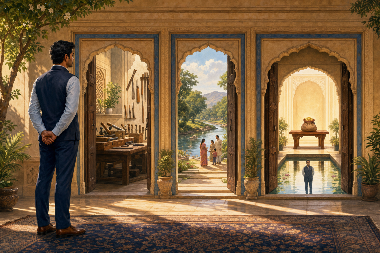 A professional pauses before three open courtyard gateways leading to a pouch of coins, with craft tools, families, a river landscape, and a reflecting pool around the path.