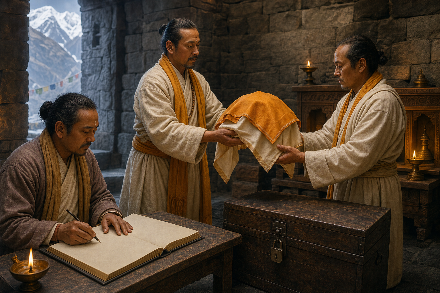 Temple custodians carefully hand over a cloth-covered consecrated object beside an open ledger and a secure storage chest.