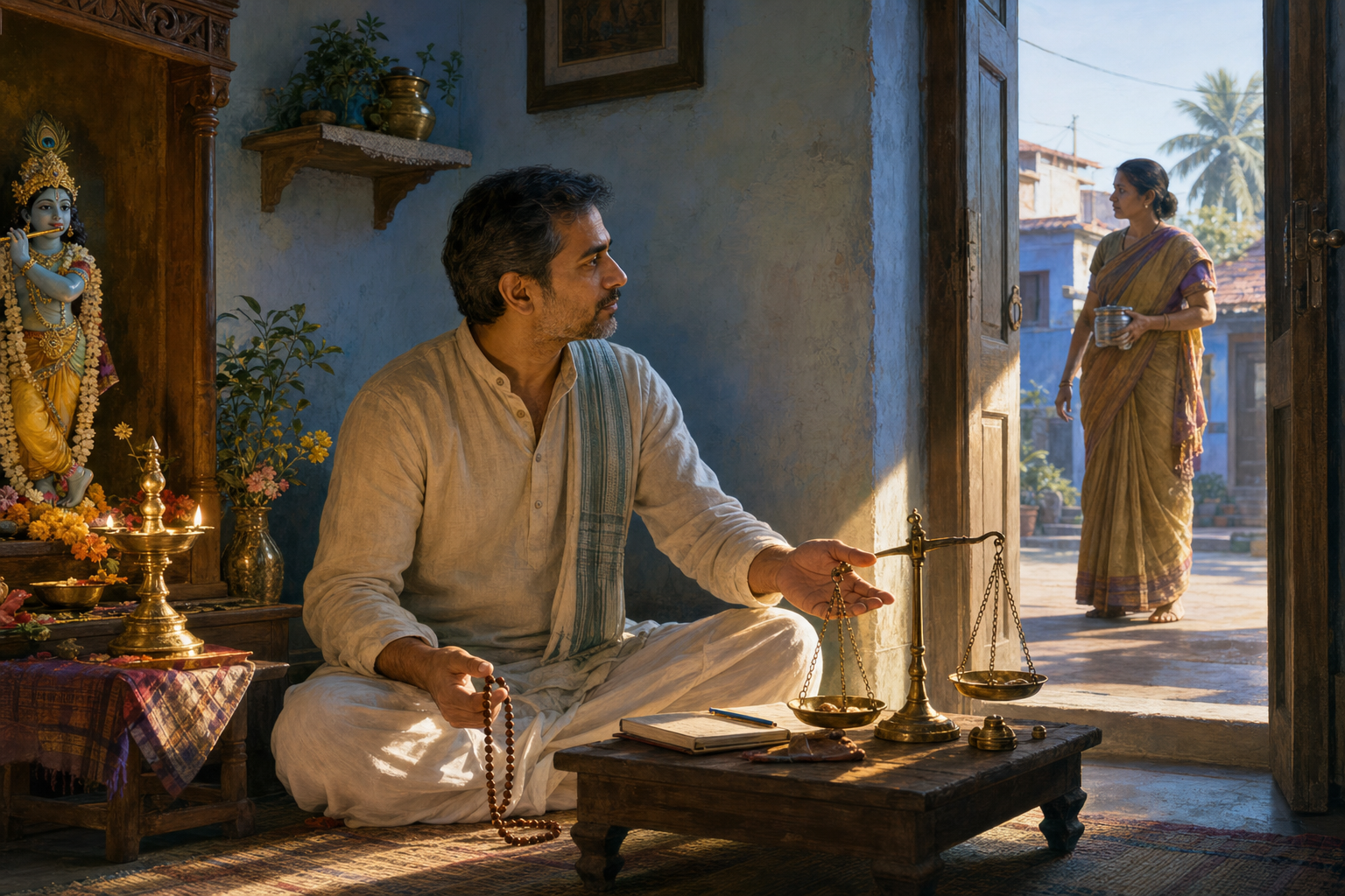 A devotee with prayer beads sits between a small Krishna shrine and an open doorway, with a brass balance scale illuminated on a nearby table.