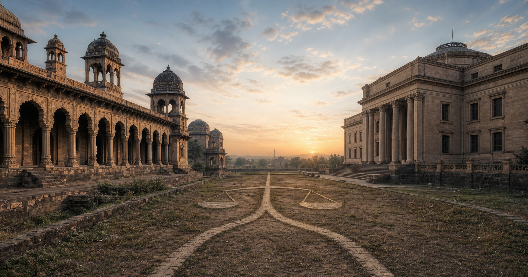 A sandstone monument, a courthouse, and an undeveloped parcel of land arranged in a symbolic legal composition.