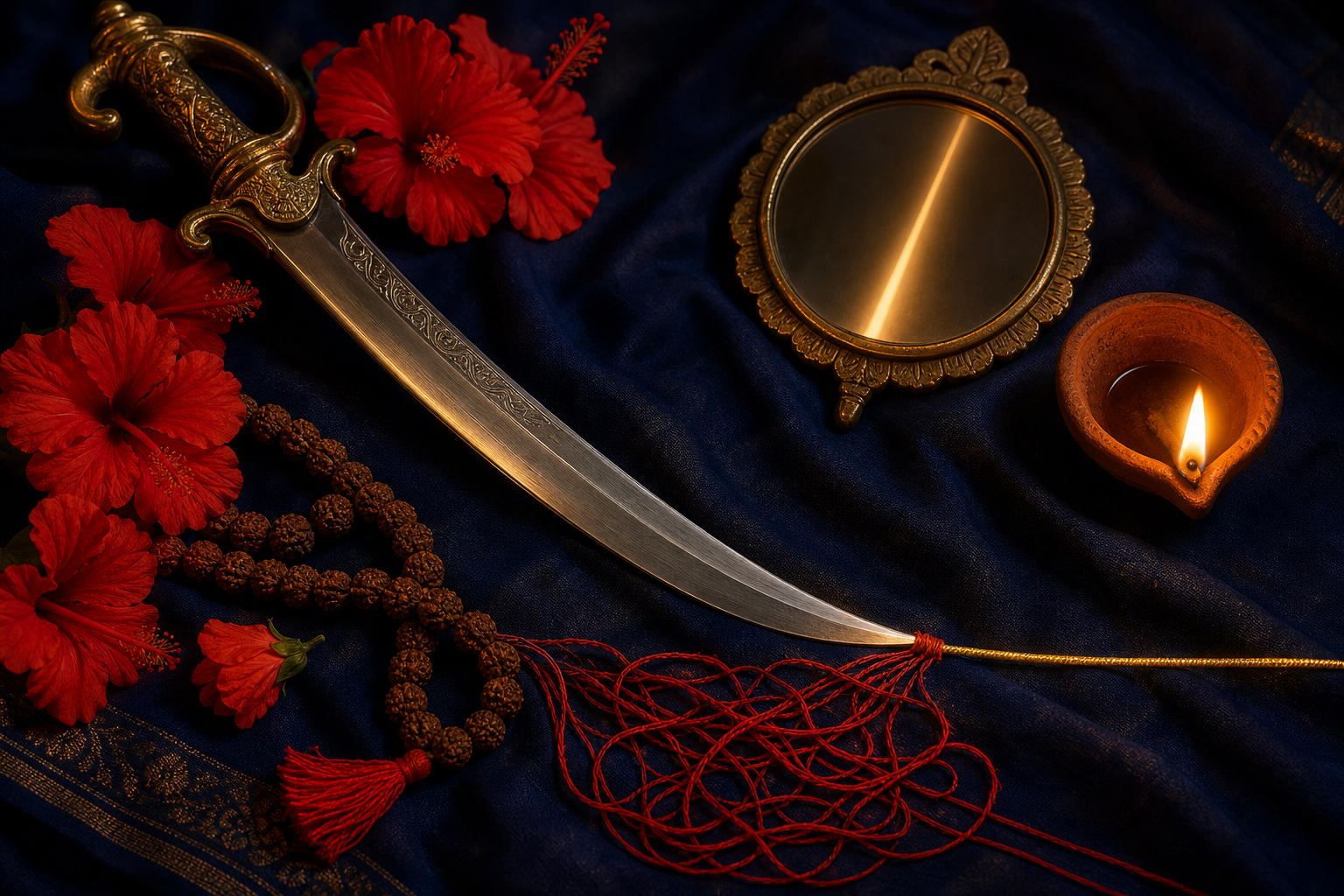 A curved ritual sword, red hibiscus flowers, prayer beads, brass mirror, and oil lamp lie on indigo cloth beside red threads that continue as a straight golden cord.