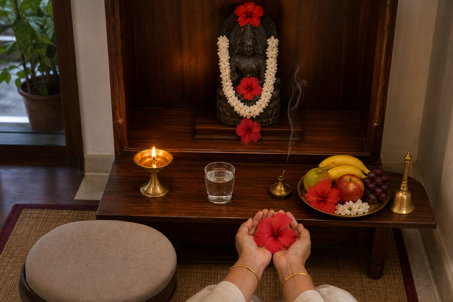 A householder offers a red hibiscus at a simple home altar arranged with a dark-stone goddess image, oil lamp, water, incense, fruit, flowers, and a bell.