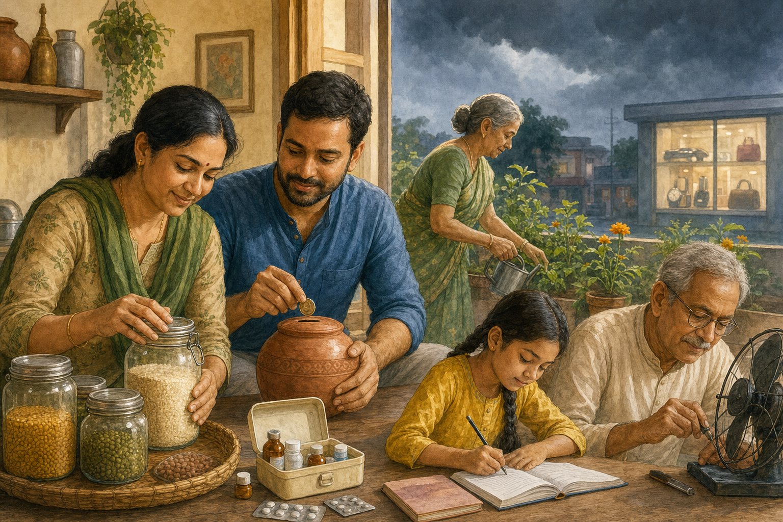 A multigenerational family stores grain, saves coins, organizes medicine, repairs an item, tends a garden, and studies as monsoon clouds gather outside.