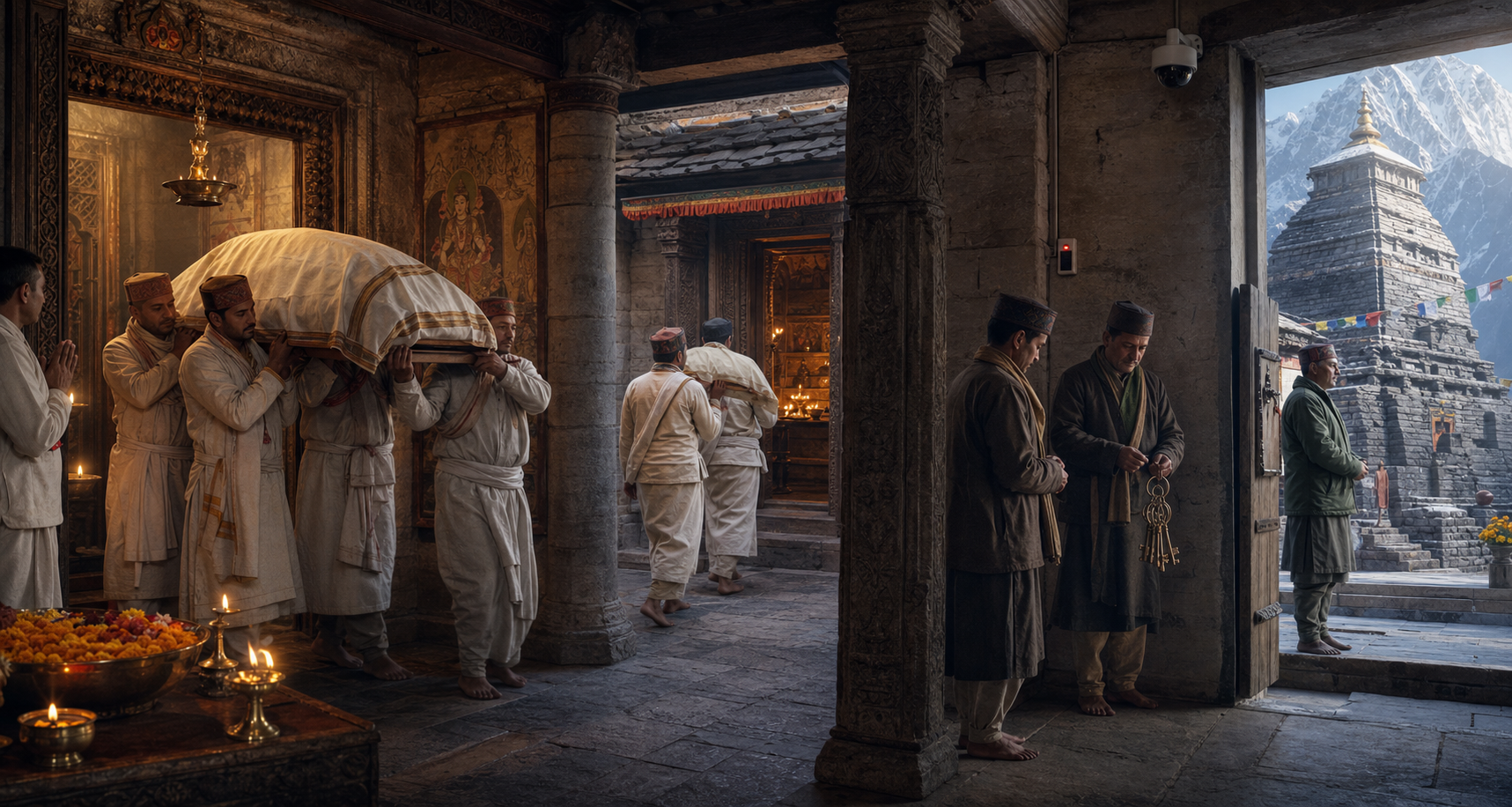 Priests carry a covered ceremonial bundle through connected temple spaces while custodians and discreet security measures protect each transition.