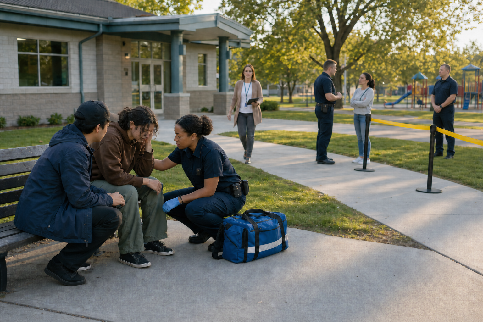 A paramedic, youth worker, social worker, and police officers carry out separate support and safety roles in a neighbourhood park.