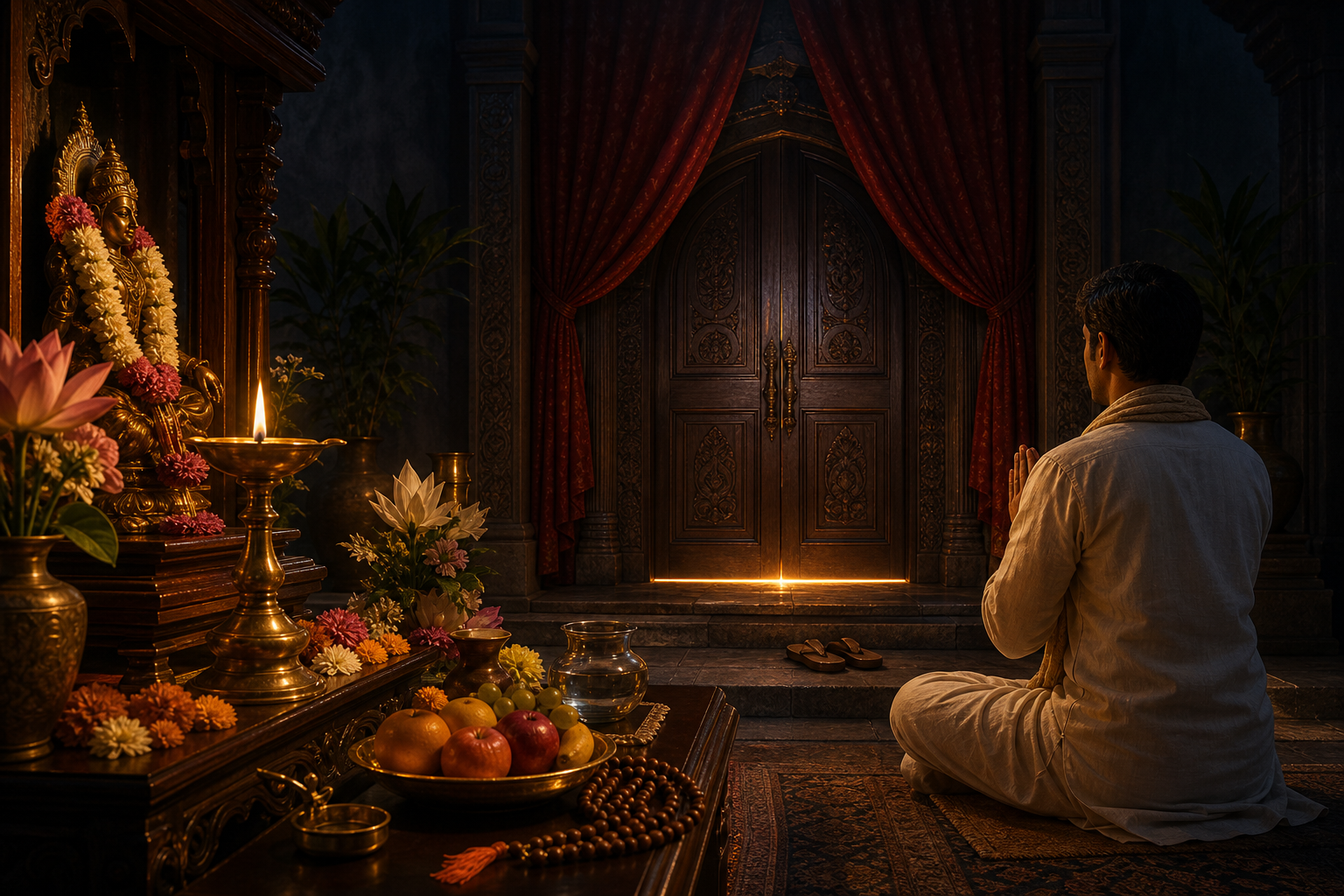 A householder prays beside a simple home altar facing a closed sanctum door, with a line of light and a pair of wooden sandals at the threshold.