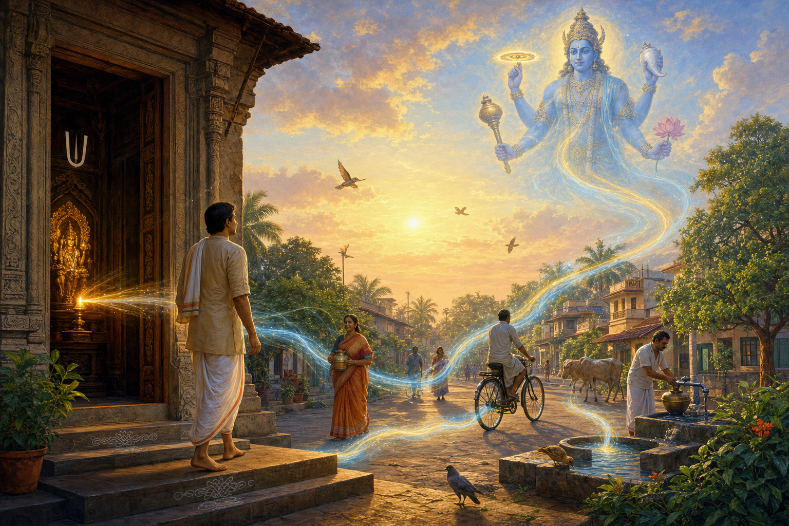 A devotee leaves a Vaishnava temple at dawn as blue and golden light extends from the shrine across people, homes, water, trees, and the sky beneath a subtle vision of Vishnu.