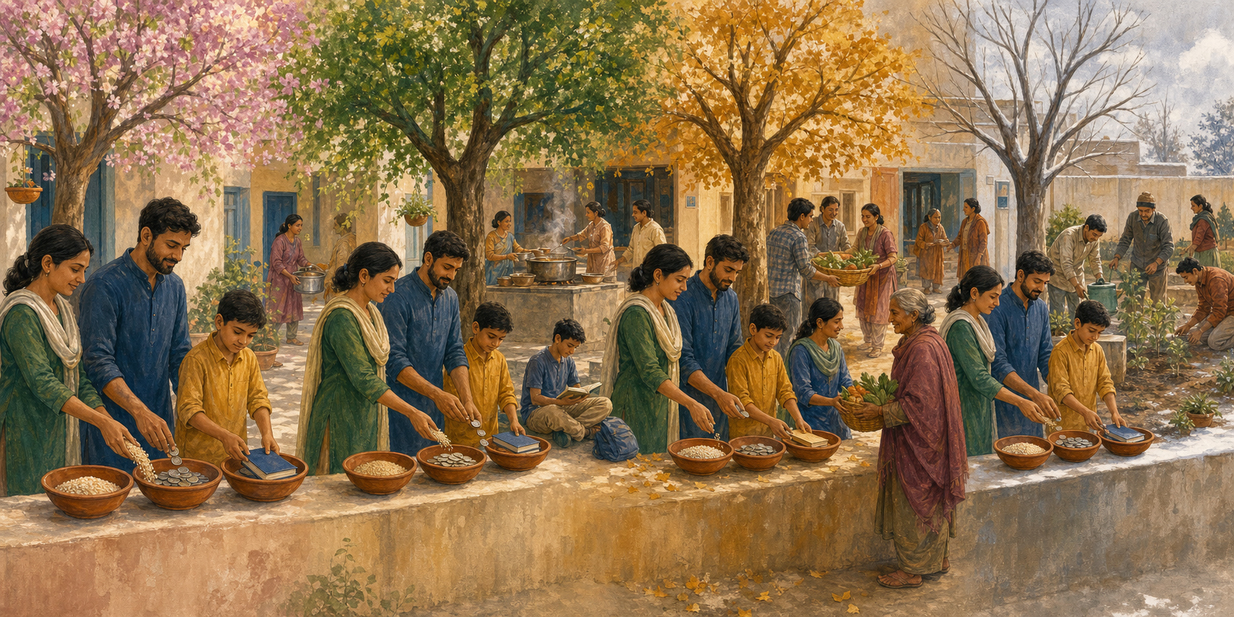 A household gives grain, coins, books, and volunteer time across changing seasons while neighbors support a kitchen, a student, an elder, and a community garden.