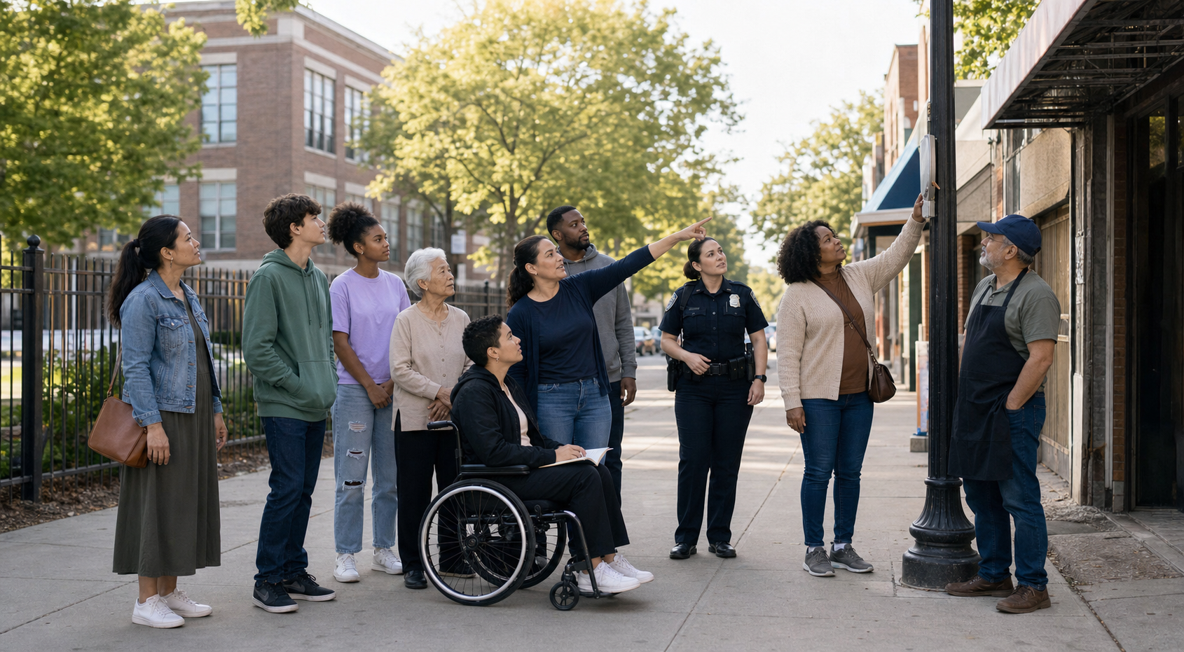 Residents, young people, local workers, an accessibility advocate, and a police liaison take part in a daytime neighbourhood safety walk.