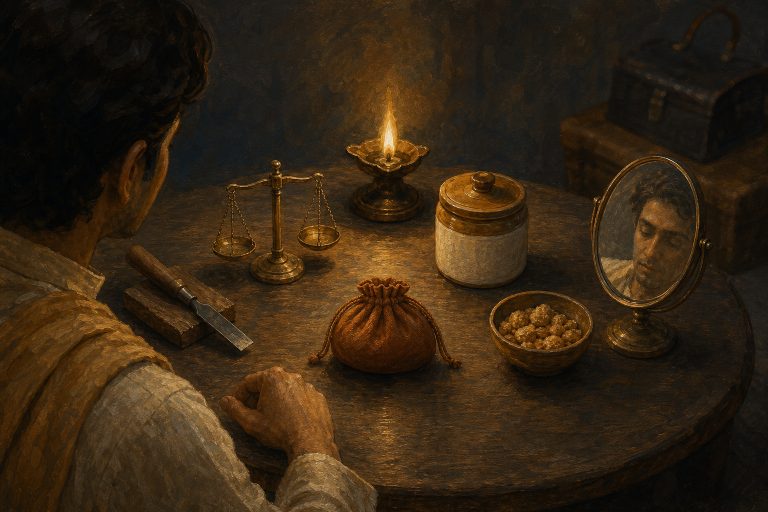 A person considers a closed coin pouch at a lamplit table surrounded by an artisan's tool, scales, a food jar, a sharing bowl, and a mirror.