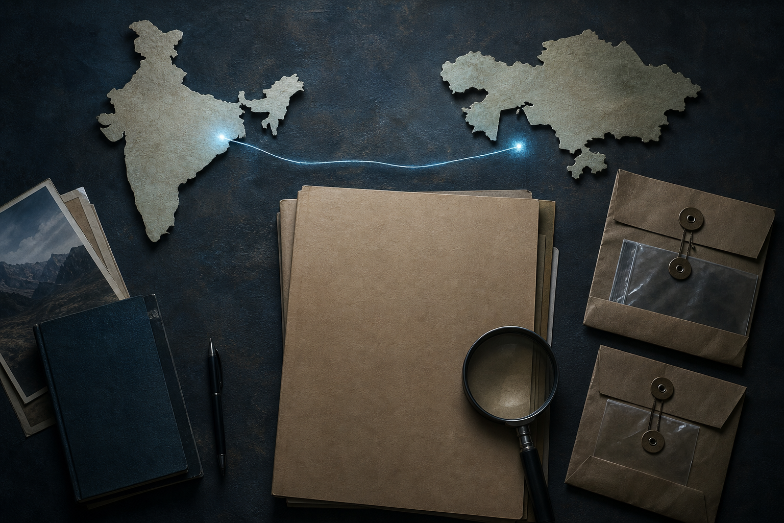 An unmarked case file, magnifying glass and sealed evidence envelopes lie between simplified maps of South Asia and Central Asia.