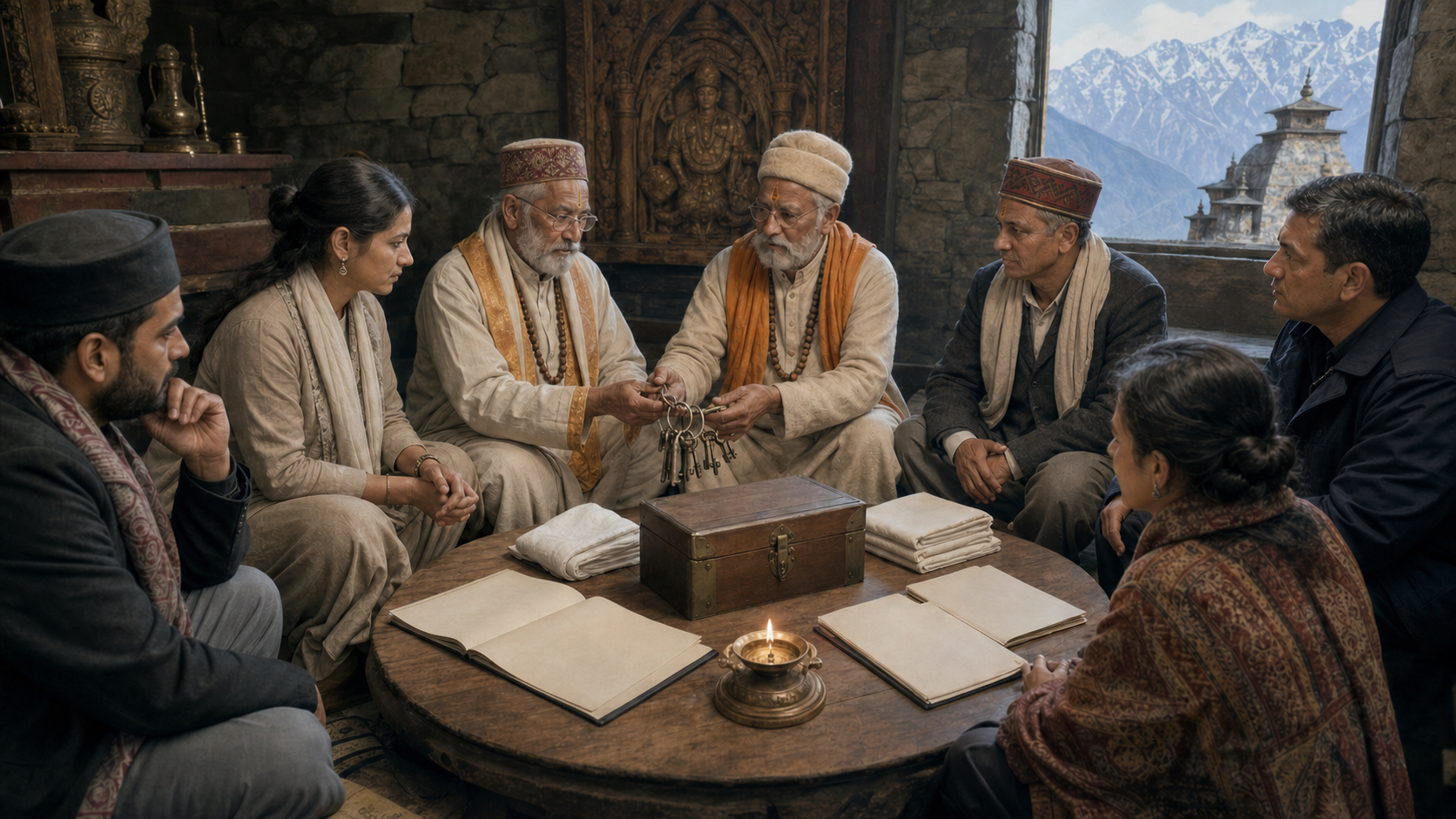 Priests, trustees, a conservator, an administrator, and a security specialist meet around a low table with archival materials and shared keys.