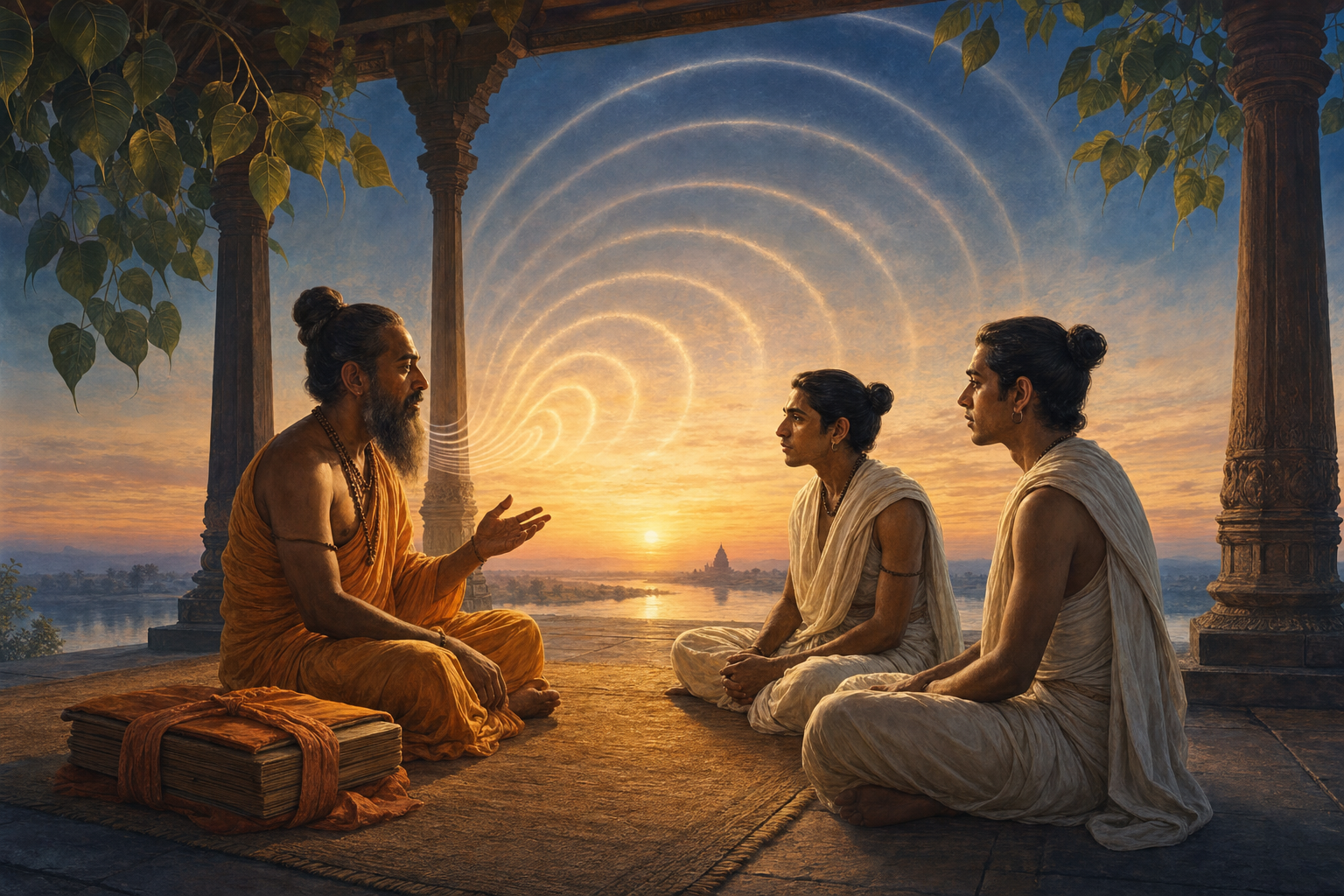 A teacher and two students recite together beside a wrapped bundle of palm-leaf manuscript folios as luminous sound waves rise into the dawn sky.