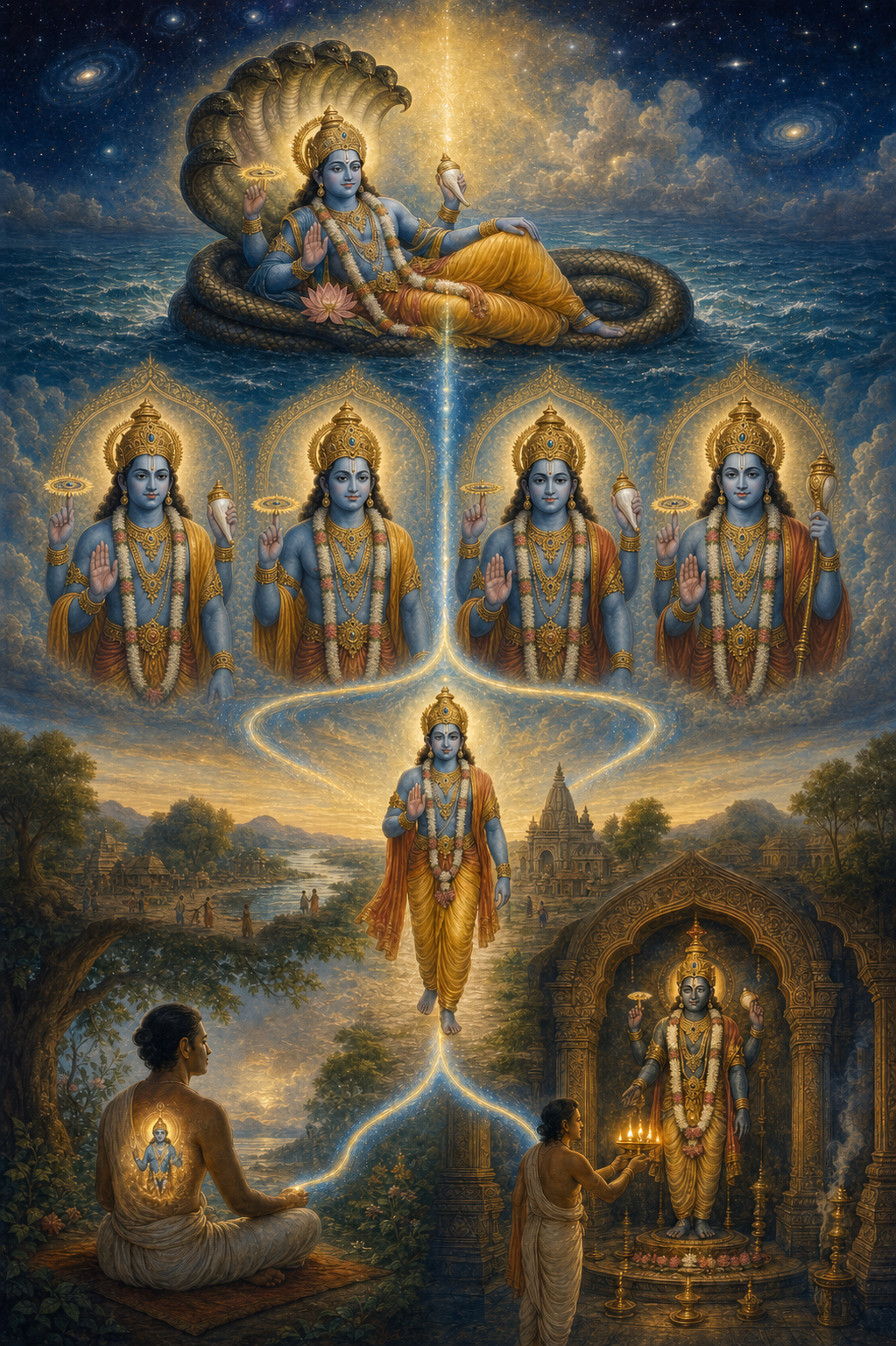 Five connected sacred scenes show Vishnu in a celestial realm, luminous divine emanations, a divine descent among people, an indwelling light in a devotee's heart, and a temple murti being worshipped.