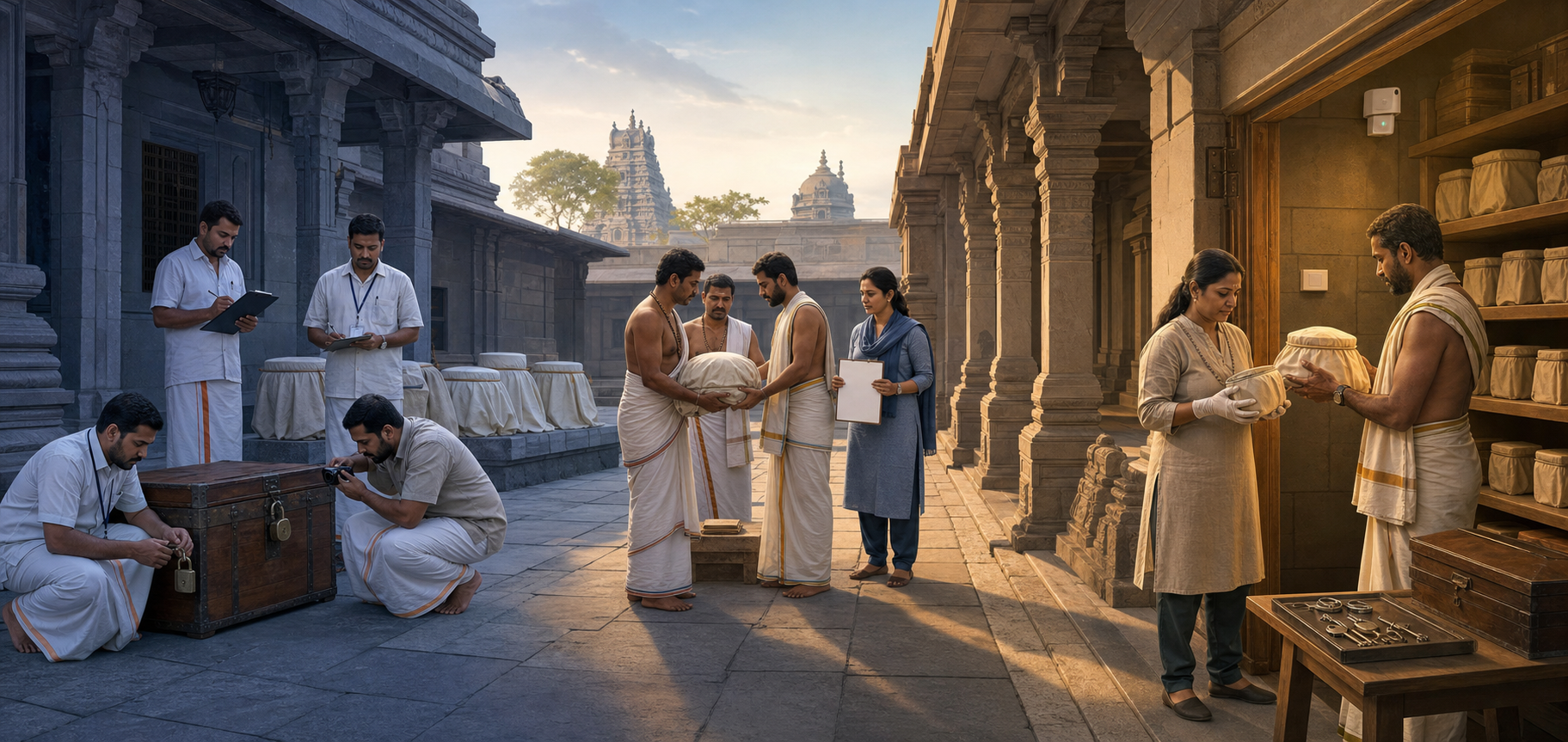 Temple staff inspect secure storage, practice a supervised handover, and review an organized heritage storage room in three connected scenes.