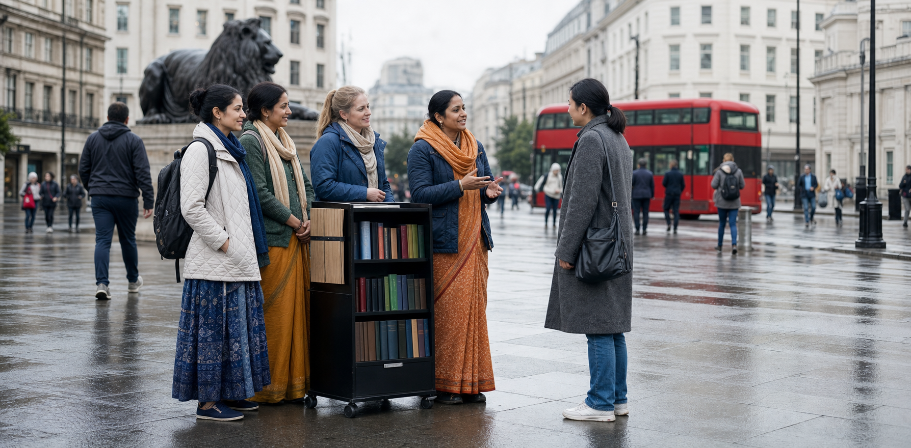 A diverse group of women leads a calm sankirtan outreach conversation with a passerby in a London pedestrian square.