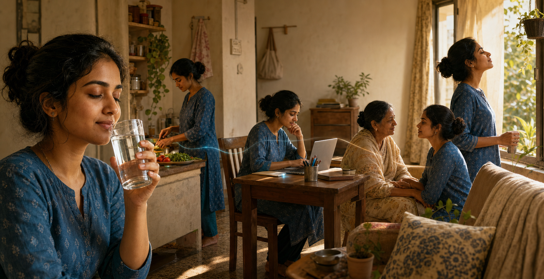 Six connected scenes show one devotee remembering the divine while waking, washing, eating, starting work, pausing before a tense reply, and preparing to sleep.