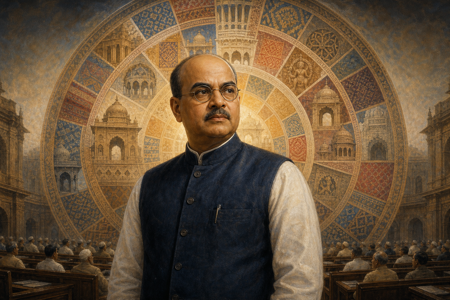 Illustrated portrait of Syama Prasad Mookerjee in a constitutional assembly setting surrounded by varied regional patterns and architectural forms.