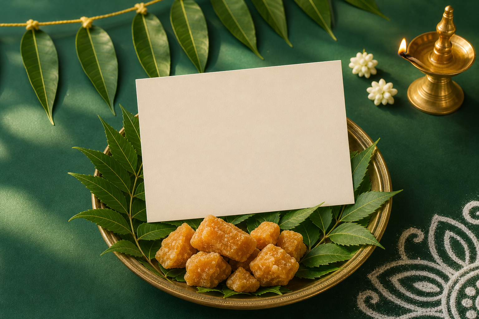 Blank ivory greeting card surrounded by neem leaves, jaggery in a brass bowl, jasmine, a brass lamp, mango leaves, and a white rangoli detail.