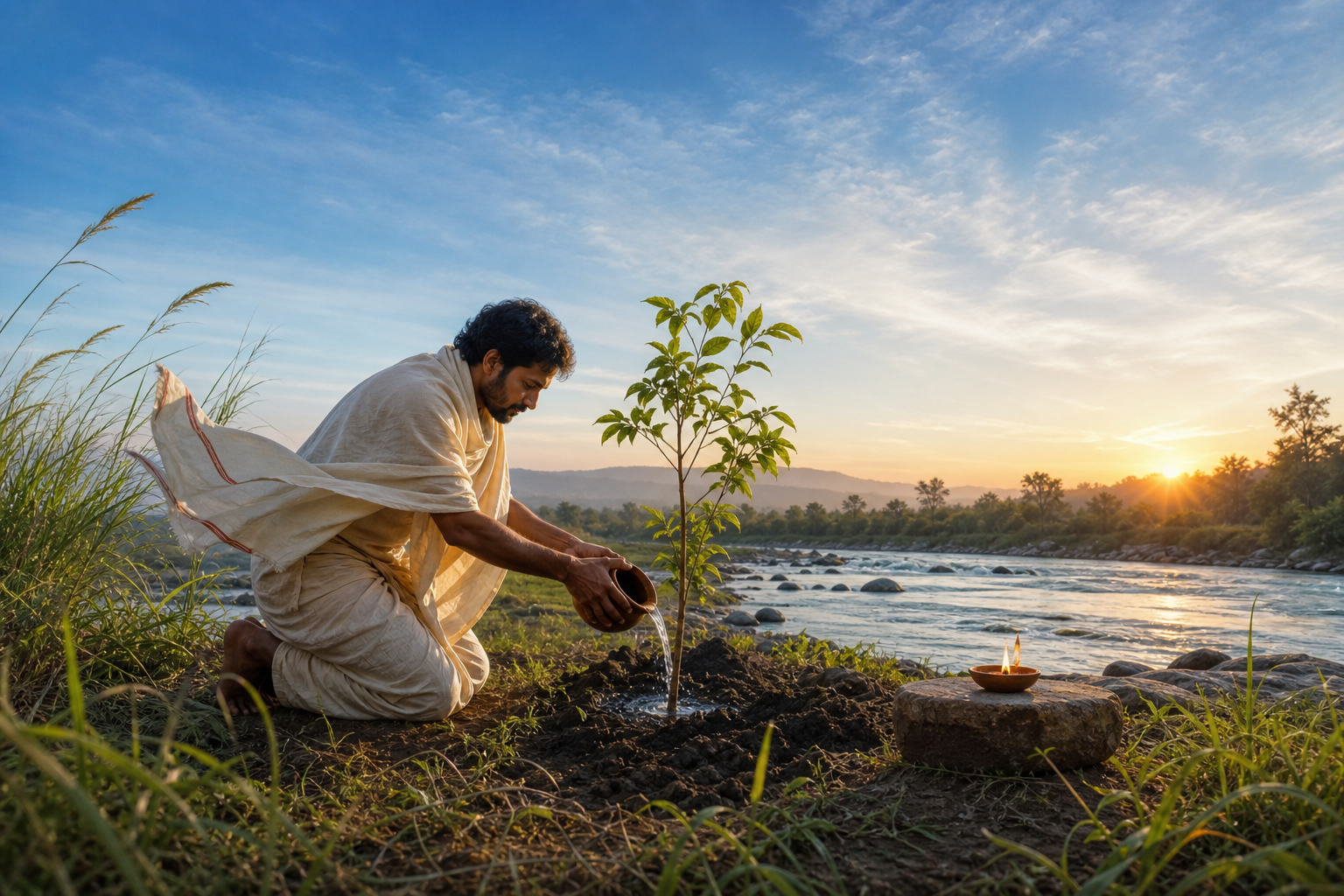 A devotee plants and waters a young tree beside a river while an oil lamp burns, wind moves the leaves and shawl, and an open sky stretches overhead.