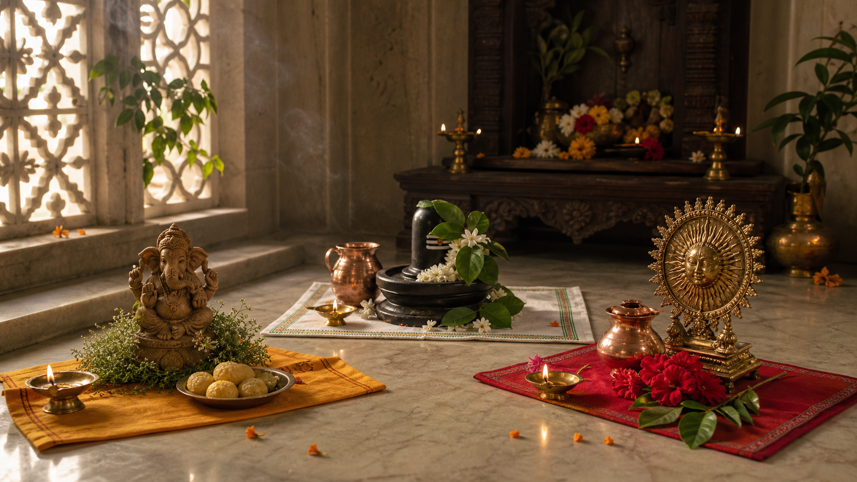 Three separate Chaitra worship arrangements for Ganesha, Shiva and Surya in a sunlit home shrine.