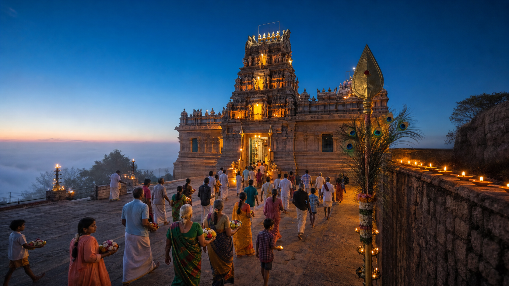 Devotees approach an illuminated South Indian Murugan temple before sunrise during a festival.
