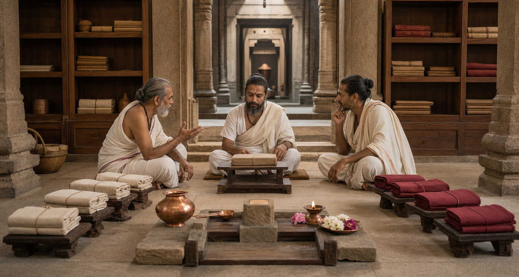 Three scholars sit in a temple library with closed manuscript bundles arranged near ritual vessels, a lamp, flowers, and a simple altar.