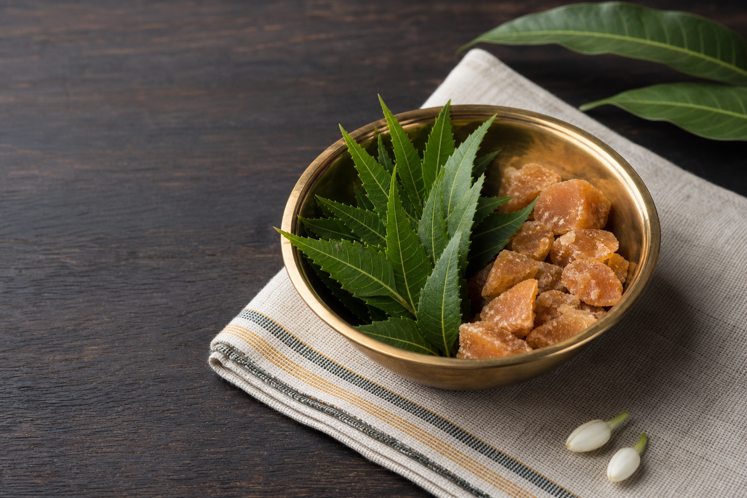 Fresh neem leaves and jaggery pieces arranged together in a brass bowl on a woven cotton cloth.
