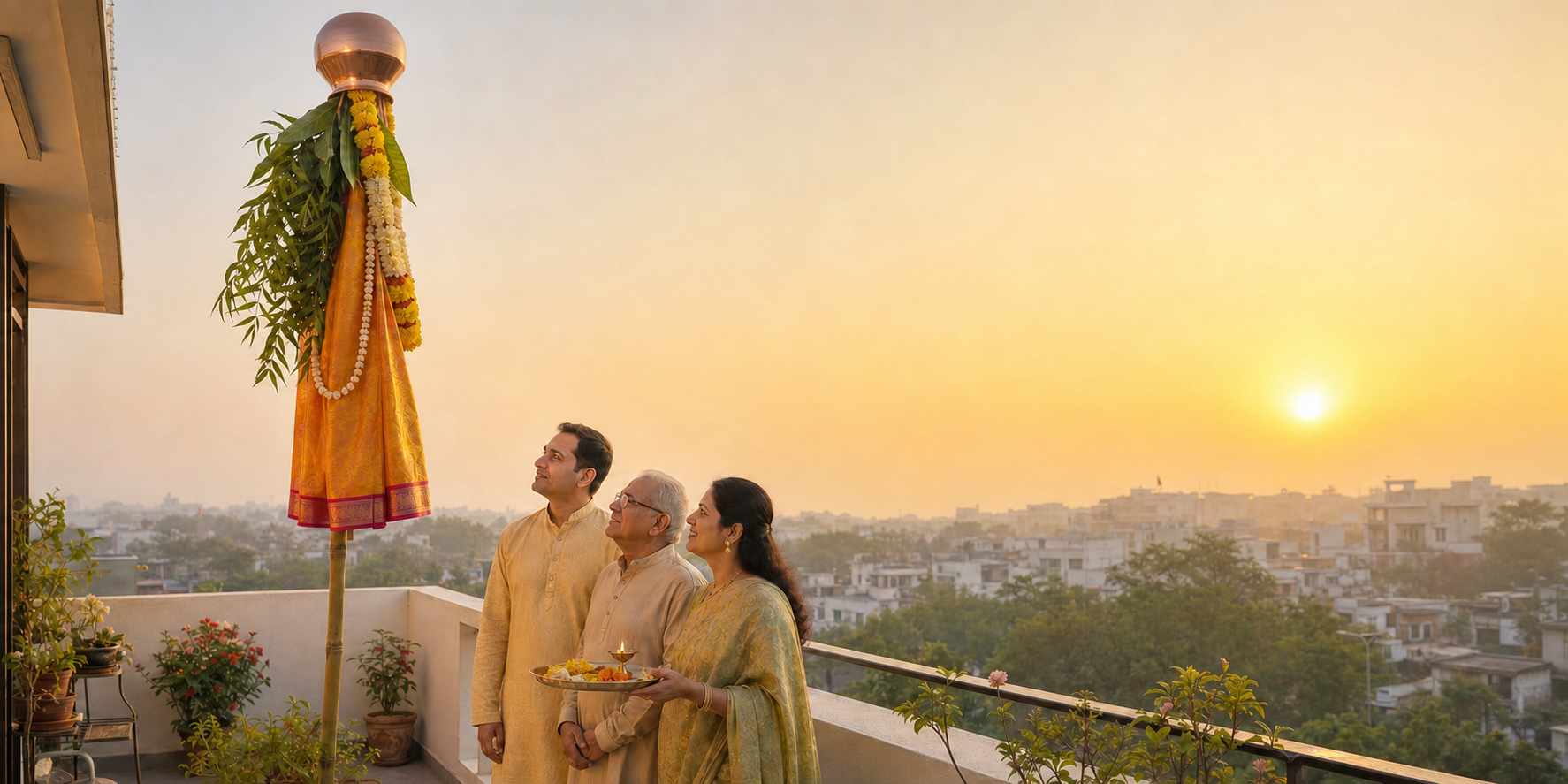 A Maharashtrian family stands beside a saffron-clad Gudi raised on a home balcony at sunrise.