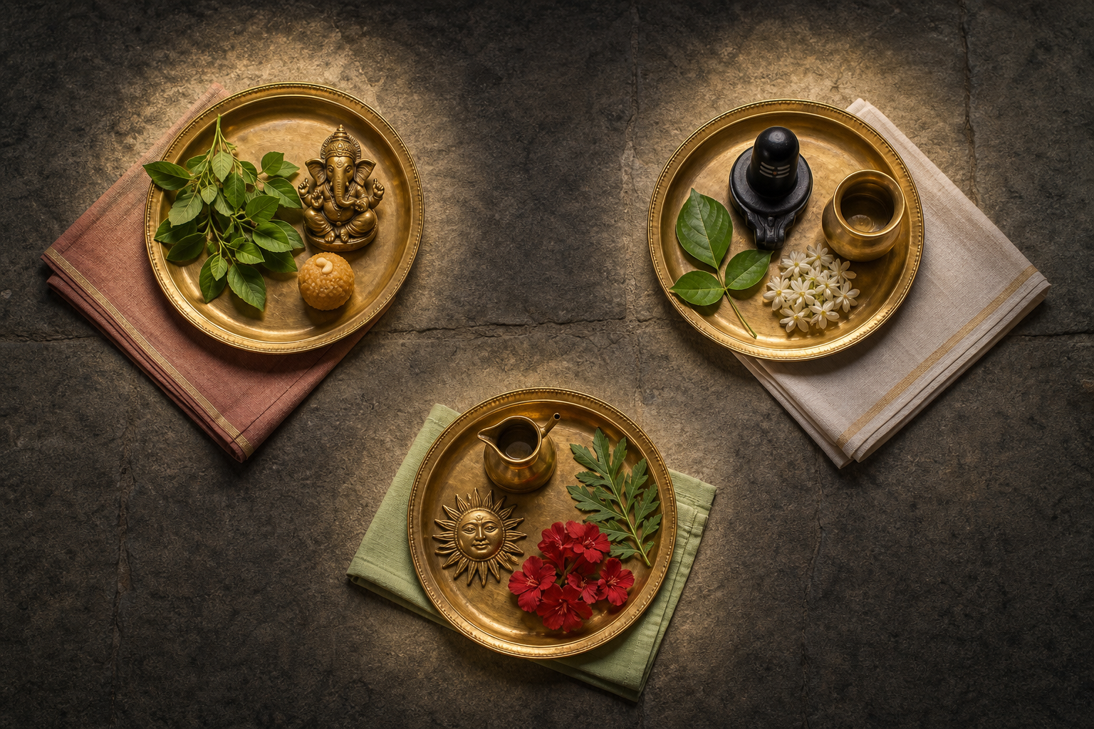 Three widely spaced puja trays containing distinct offerings associated with Ganesha, Shiva and Surya.